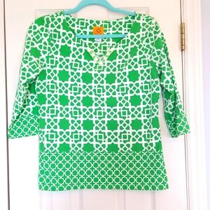 Ruby Rd. Women's 3/4 sleeve top, green and white geometric pattern, size M